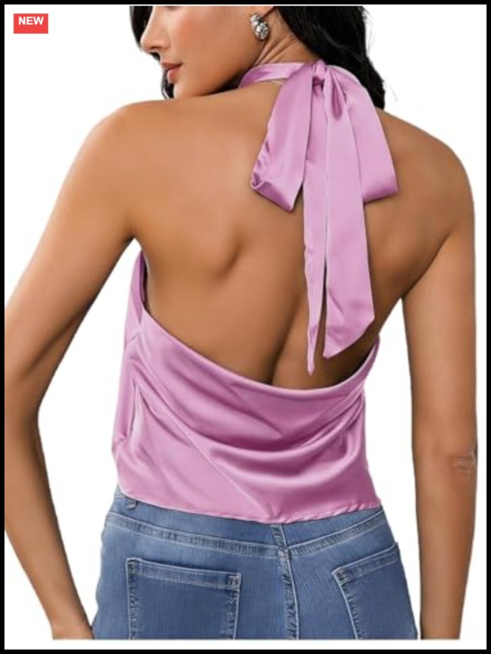 Satin Silk Halter Open Back Tank Top Going Out Sleeveless Flowy